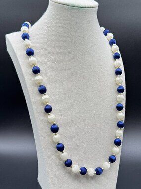 Vintage Beaded Necklace Navy Blue and White Satin Fabric Beads 30 inches